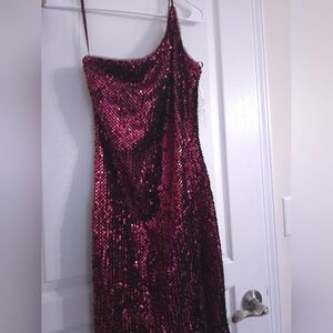 NWT Betsy & Adam Burgundy Sequin One Shoulder Cocktail Dress Size 12 Prom